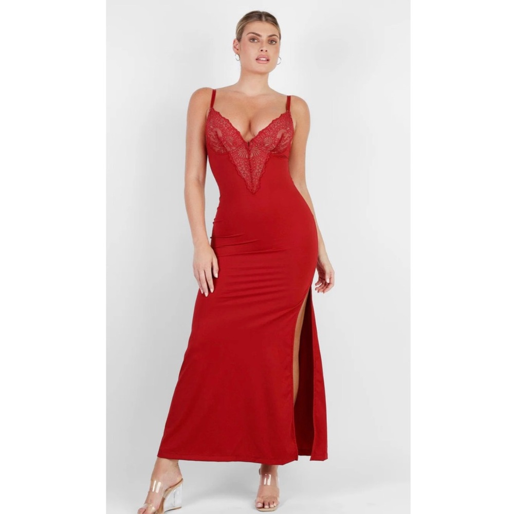 New Popilush Shapewear Lace V Neck Side Slit Slimming Maxi Slip Dress in Red